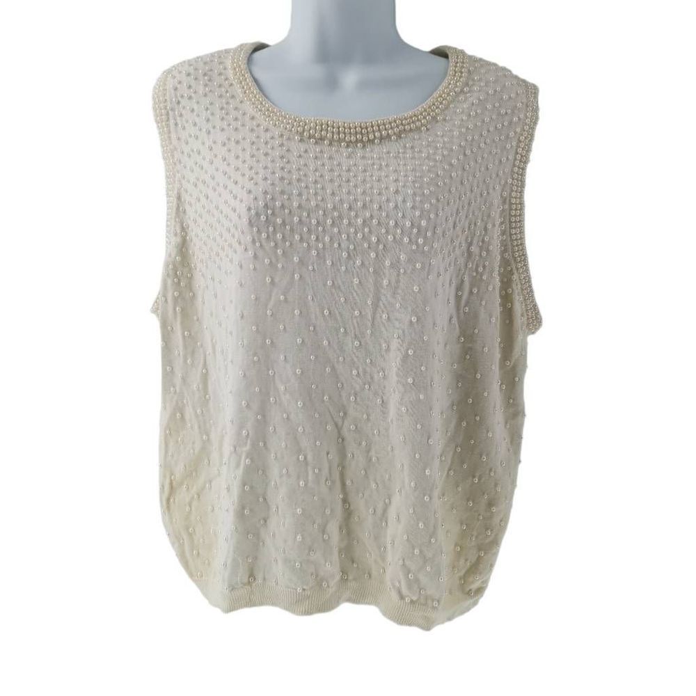 Vintage Cream Sleeveless Sweater Vest Top with Faux Pearl Bead Embellishments |